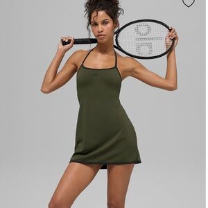 Alo softsculpt halter tennis dress in green olive and black